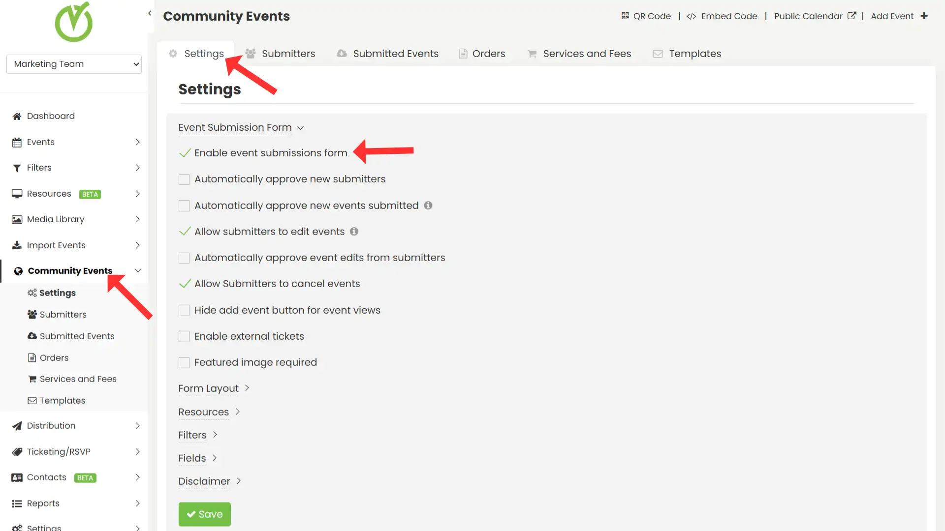 Community events settings tab.