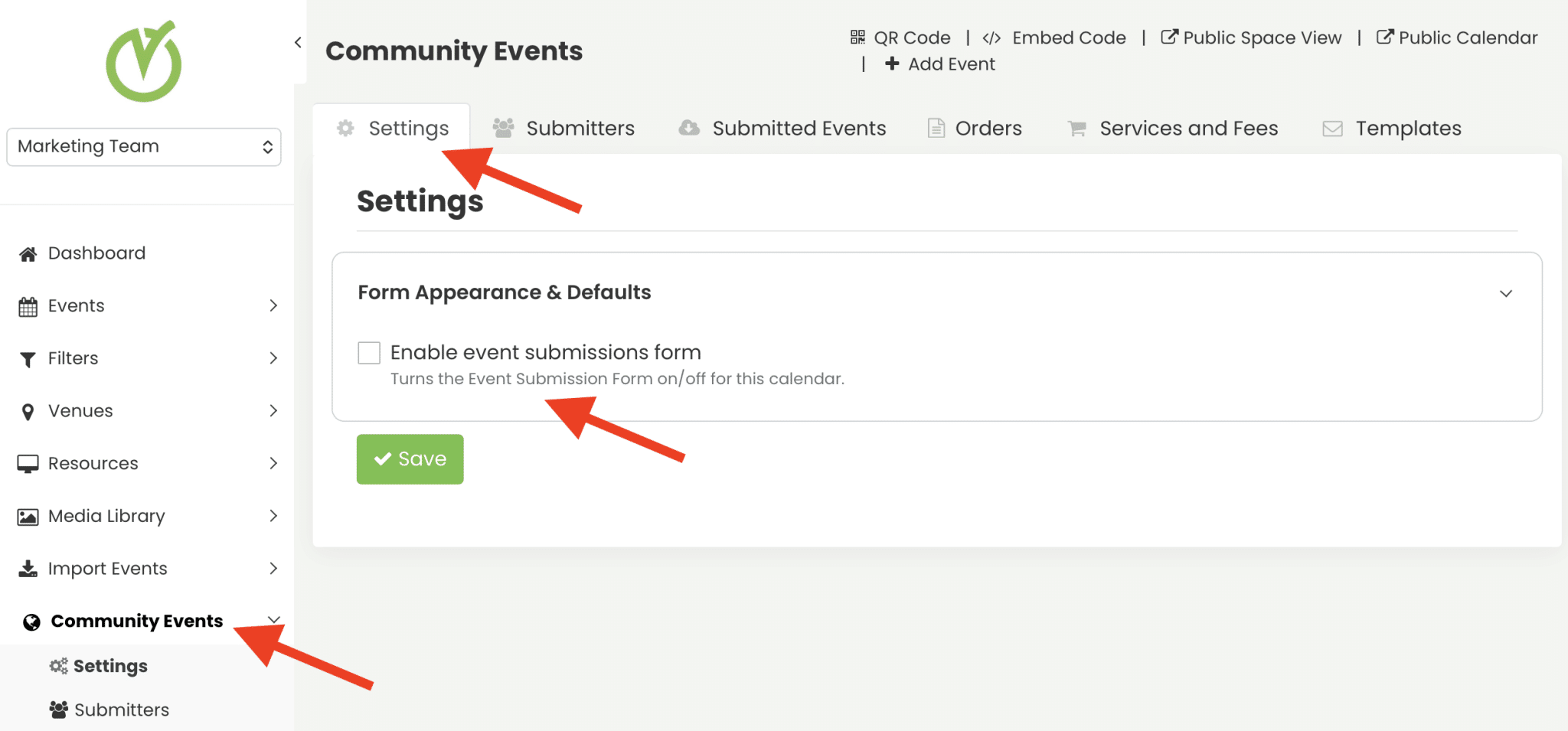 Community Events settings tab.