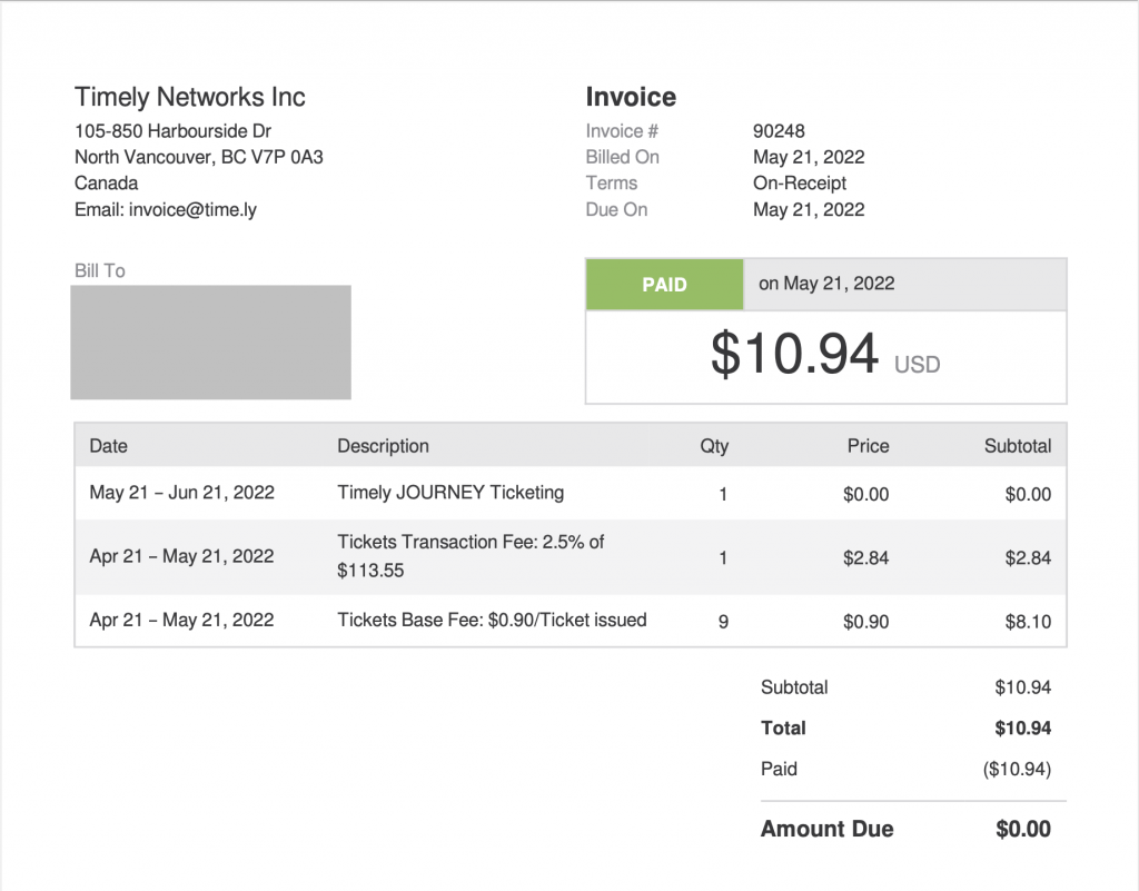 print screen of an invoice with transactional fees being charged