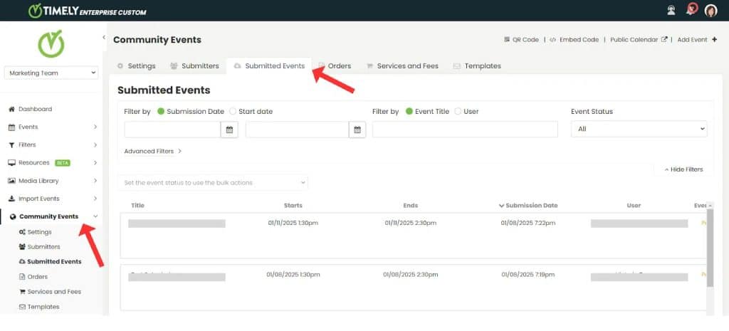 Submitted events tab