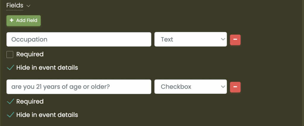 print screen of some examples in the Fields area in Event Submission Form settings