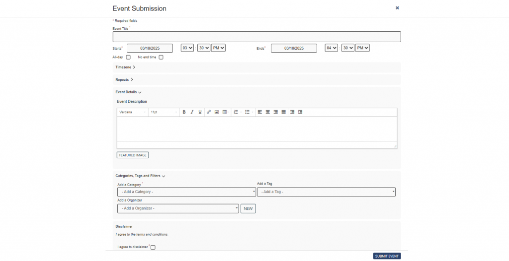 Event submission form fullscreen format.