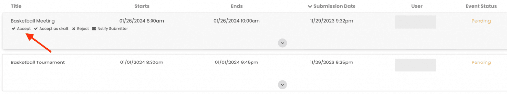 Option to accept event submission on admin panel
