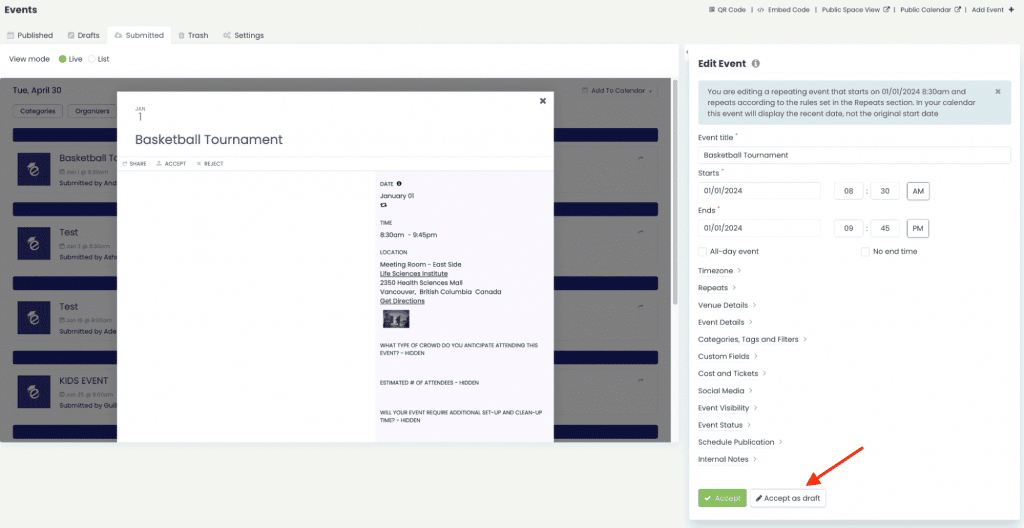 Accept as draft option on edit event panel