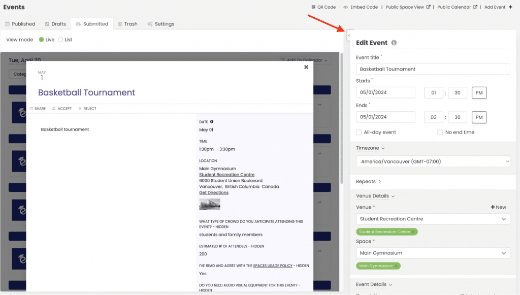 Edit event panel for submitted events