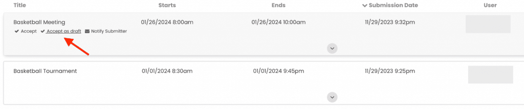 Accept as draft option for event submission