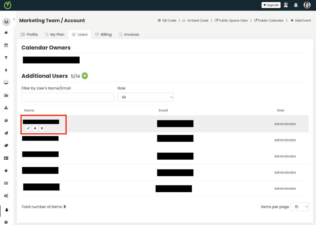 Overview of calendar users and option to edit.