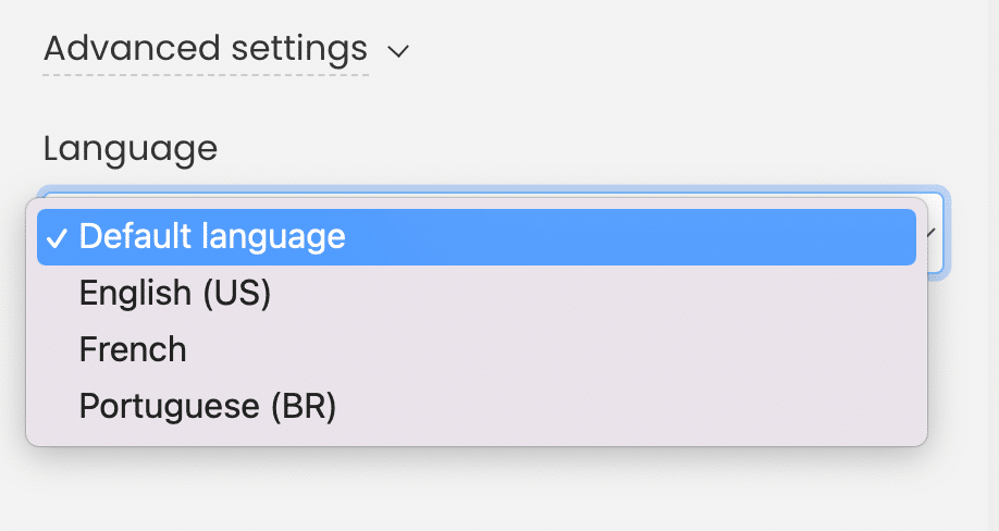 Advanced settings language option for embed code.