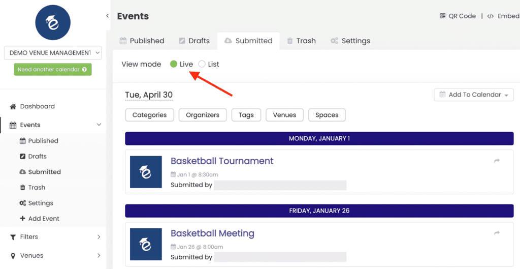 Submitted events live view on Events menu