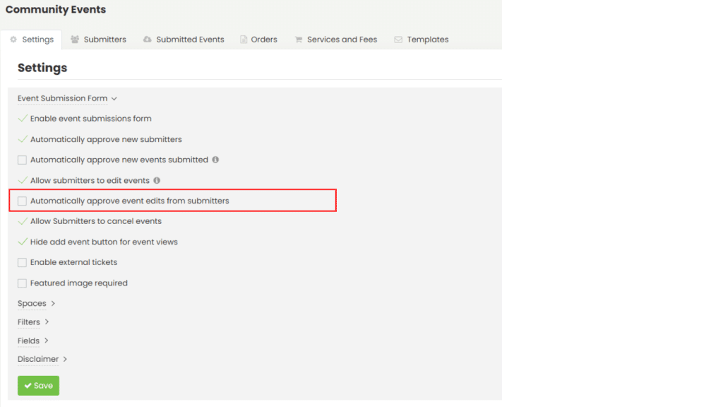 the option to automatically approve event edits by submitters, on the submission form settings.