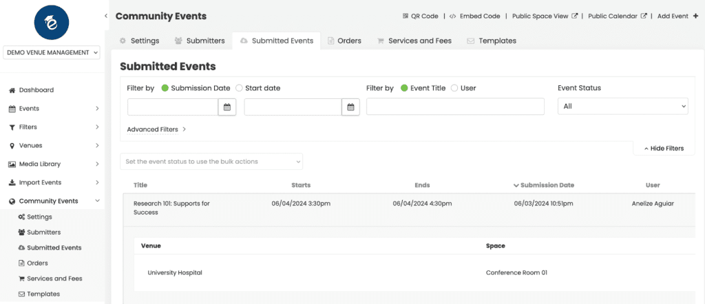 Submitted events overview on community events menu