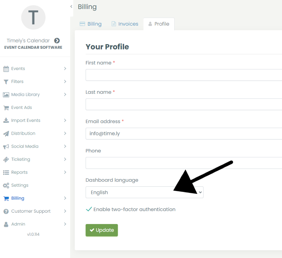 print screen of profile Timely account page pointing to where to change the language