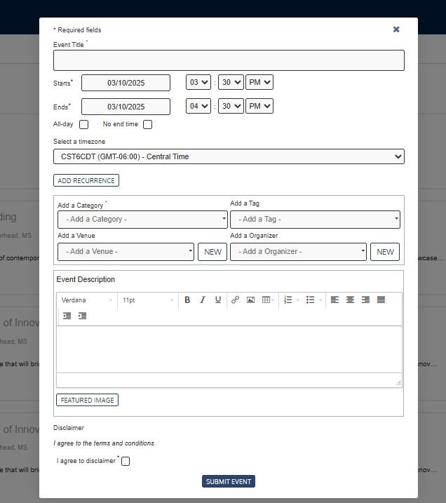 Event submission form pop up format.