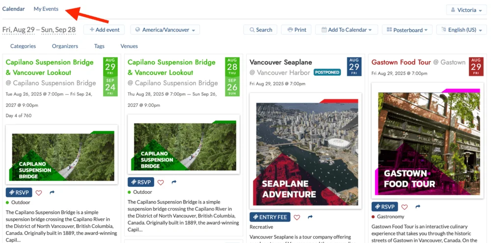 Public calendar view with My Events section on the header.