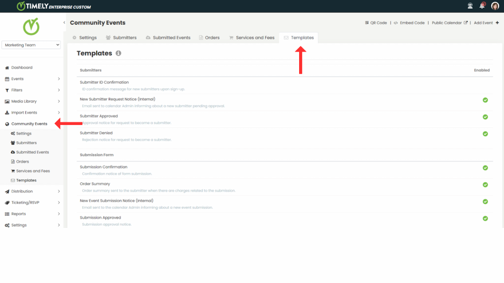 screenshot of Timely event management platform highlighting the community events menu