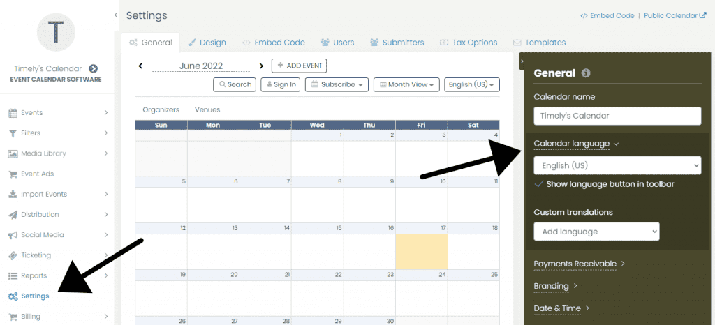 print screen of Timely event software dashboard highlighting where to find the calendar language menu