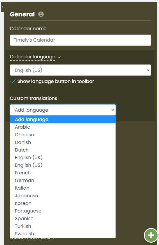 print screen of Timely dashboard showing where to click to add a custom translation to your calendar