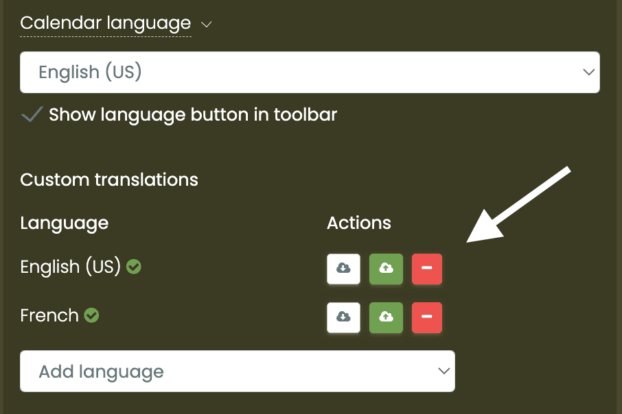 screen shot of delete action to remove a custom translation from the calendar