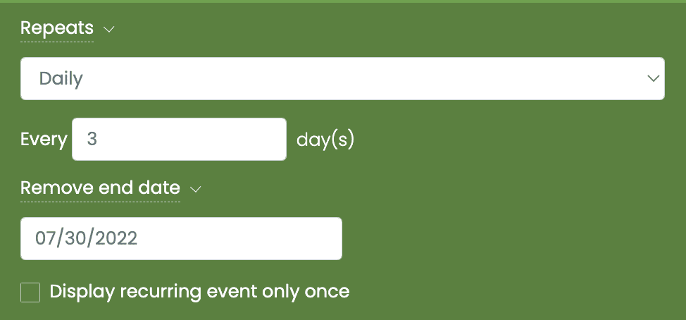 print screen of daily recurring events settings