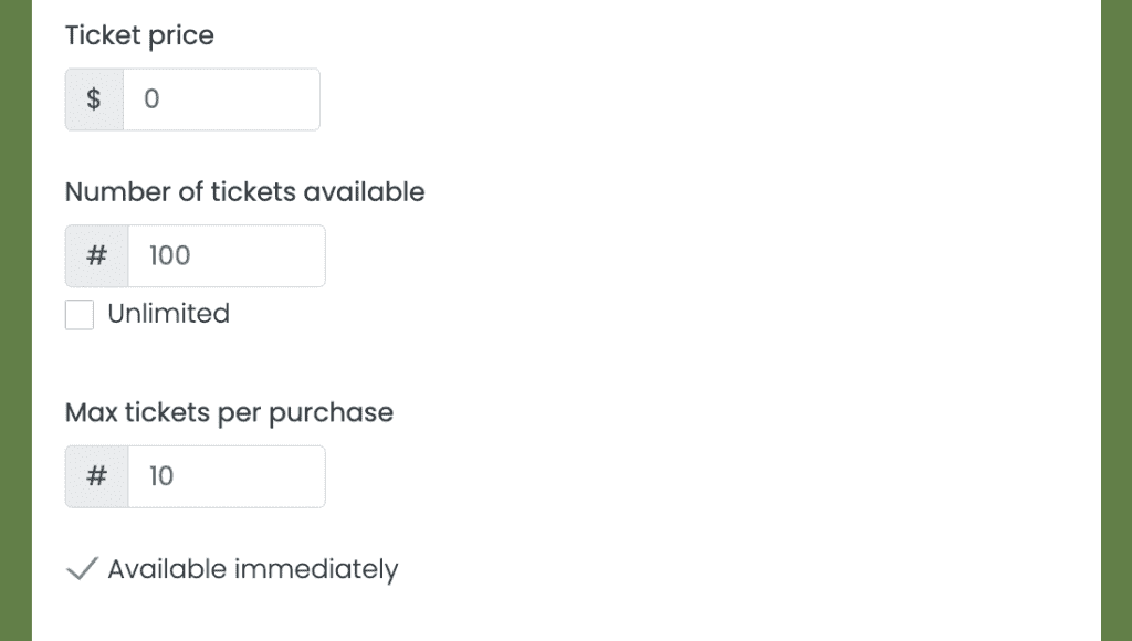 print screen of ticket set up section on the event creation page with the Available immediate option checked