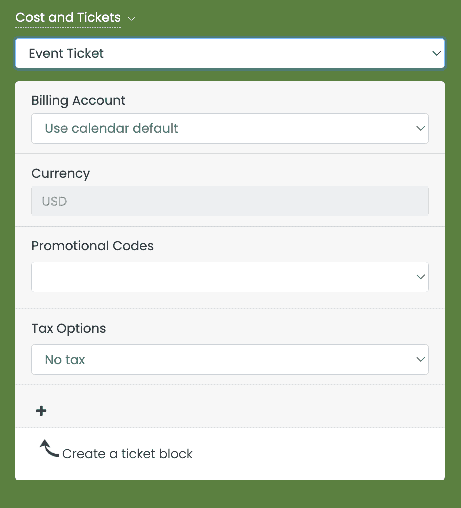 print screen of cost and ticket section on event creation page.