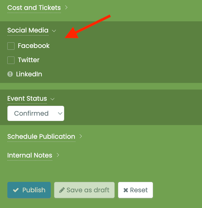 print screen of event creation social media item highlighting where to click to post events on Linkedin
