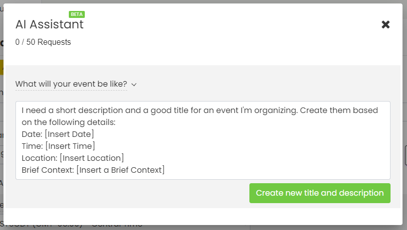 Timely's AI Content Assistant's first step to create event content.