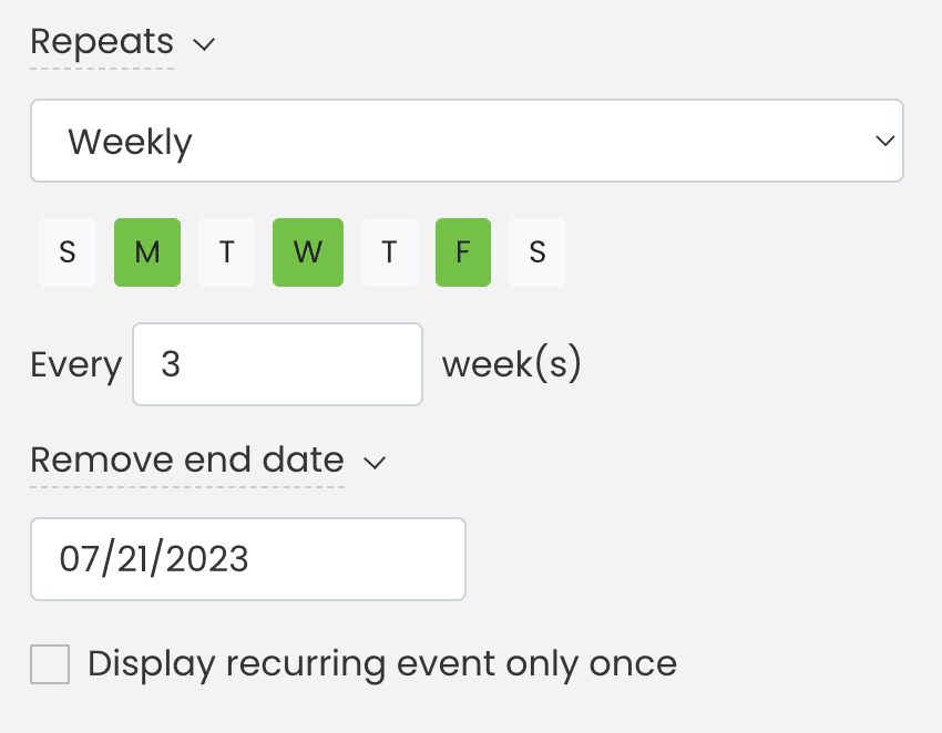 Timely dashboard event creation weekly repeats.