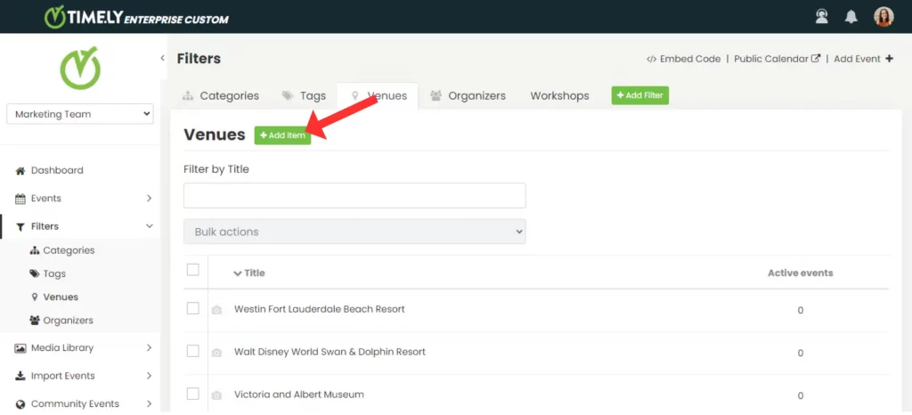 With a Timely account, you can also add Venues to your events, making it easy for people to see where each event is taking place.