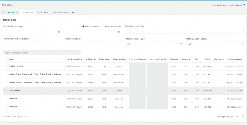 print screen of timely event ticketing platform highlighting the event invoices tab