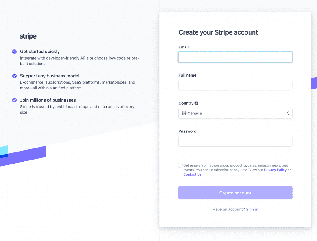 print screen of Stripe payment gateway account registration page