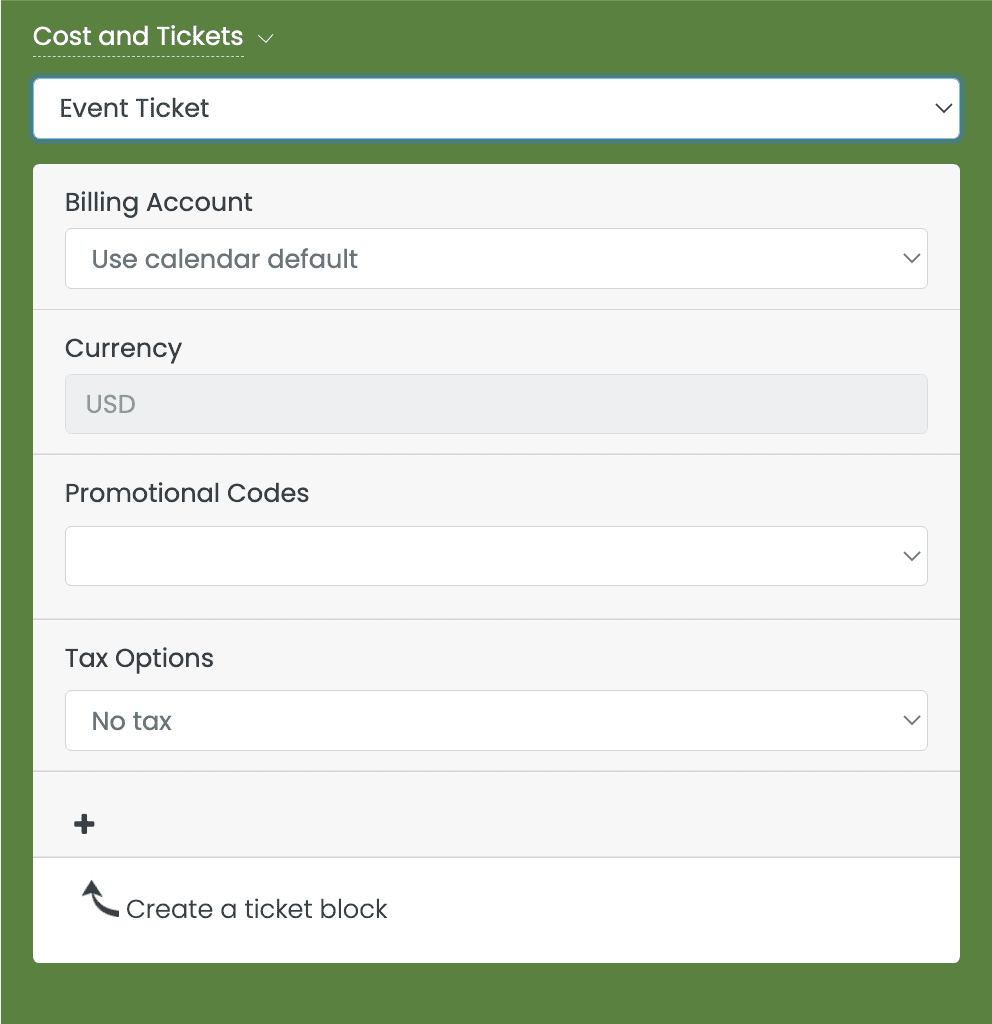 print screen of Timely event platform highlighting where to add a billing account to an event