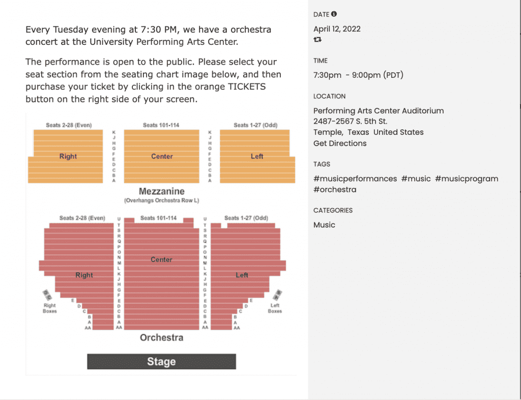 screen shot of seating chart added to event description on event page