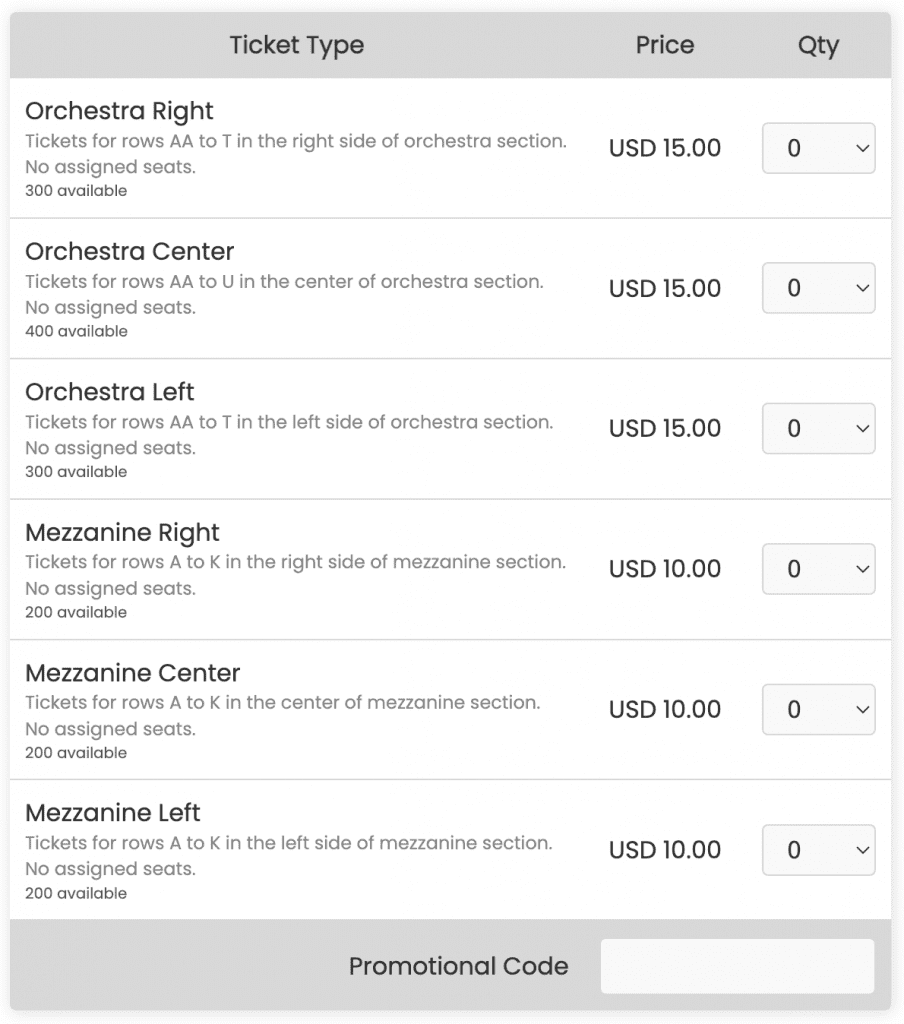 screen shot of tiered ticket checkout showing sections based on seating chart