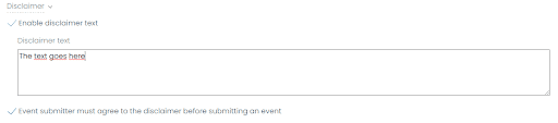 print screen of the Disclaimer area in Event Submission Form settings