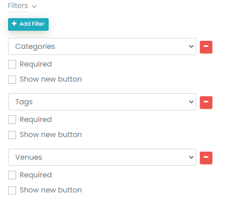 print screen of Filters options in the Event Submission Form settings