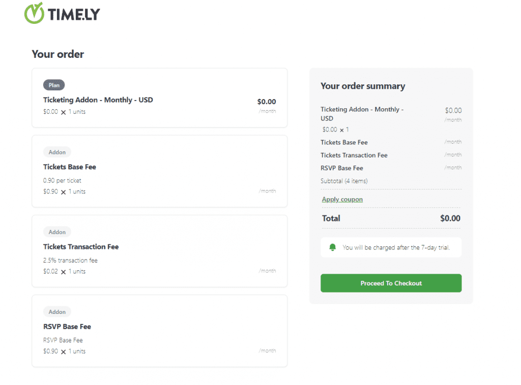 print screen of Timely Ticketing Add-On checkout page