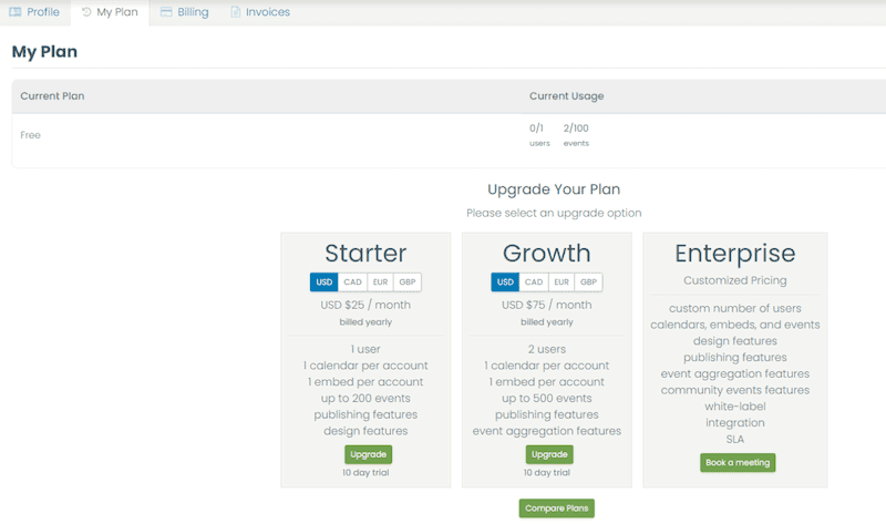 print screen of Timely app dashboard showing upgrade options