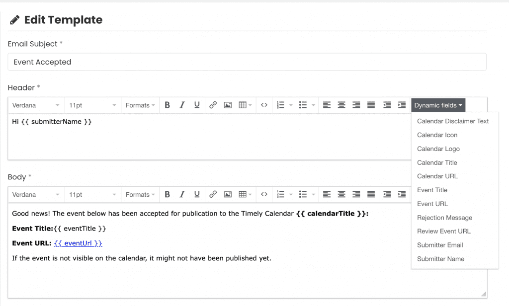 screenshot of Timely event management software dashboard showing dynamic fields options for email customization