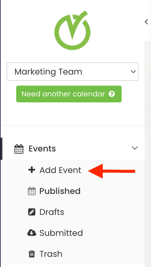 print screen of Timely event management software dashboard highlighting add event menu 