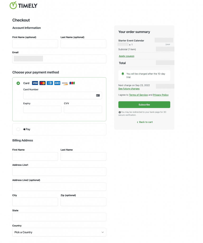 screen shot of checkout account and billing information