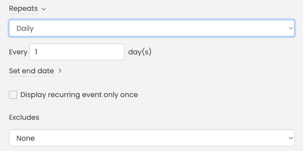 print screen of Timely event platform recurring events set up screen