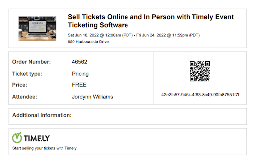 event ticket generated by Timely event management software