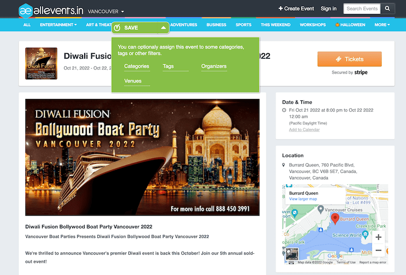 print screen of allevents.in event page with Timely Chrome extension activated