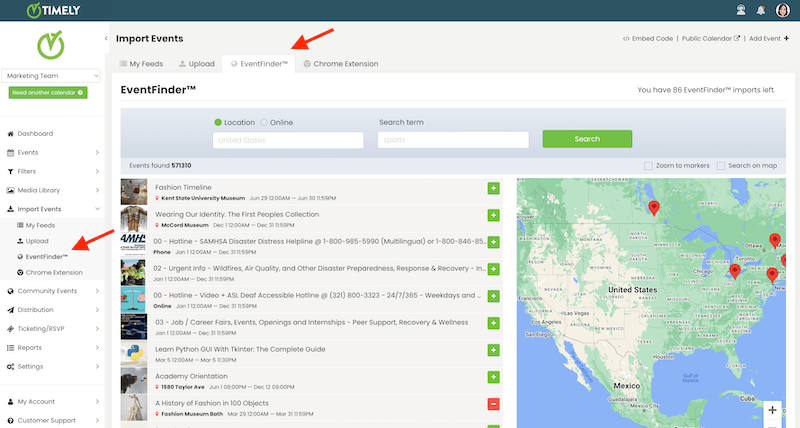 print screen of EventFinder page on Timely event platform