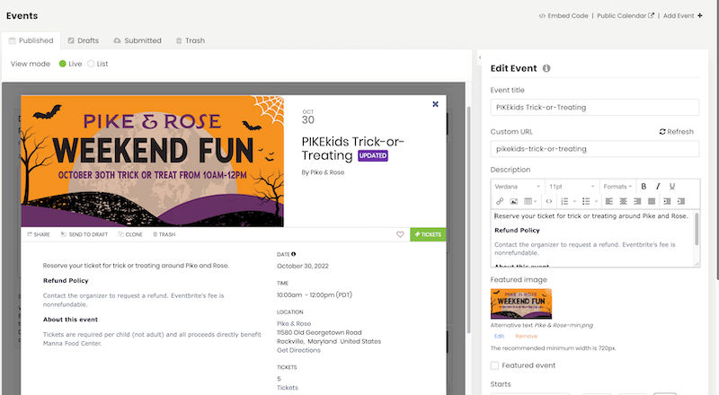 print screen of Timely event platform with Eventbrite imported event