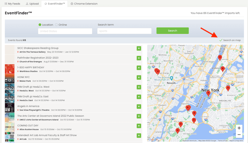 screenshot of Timely event software EventFinder page highlighting search on map feature