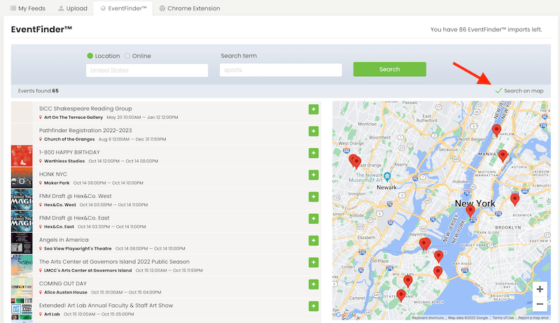 のスクリーンショット Timely イベント ソフトウェア EventFinder ページの強調表示された地図上の検索機能