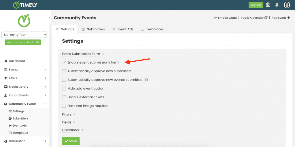 print screen of Timely event management software event submission form settings