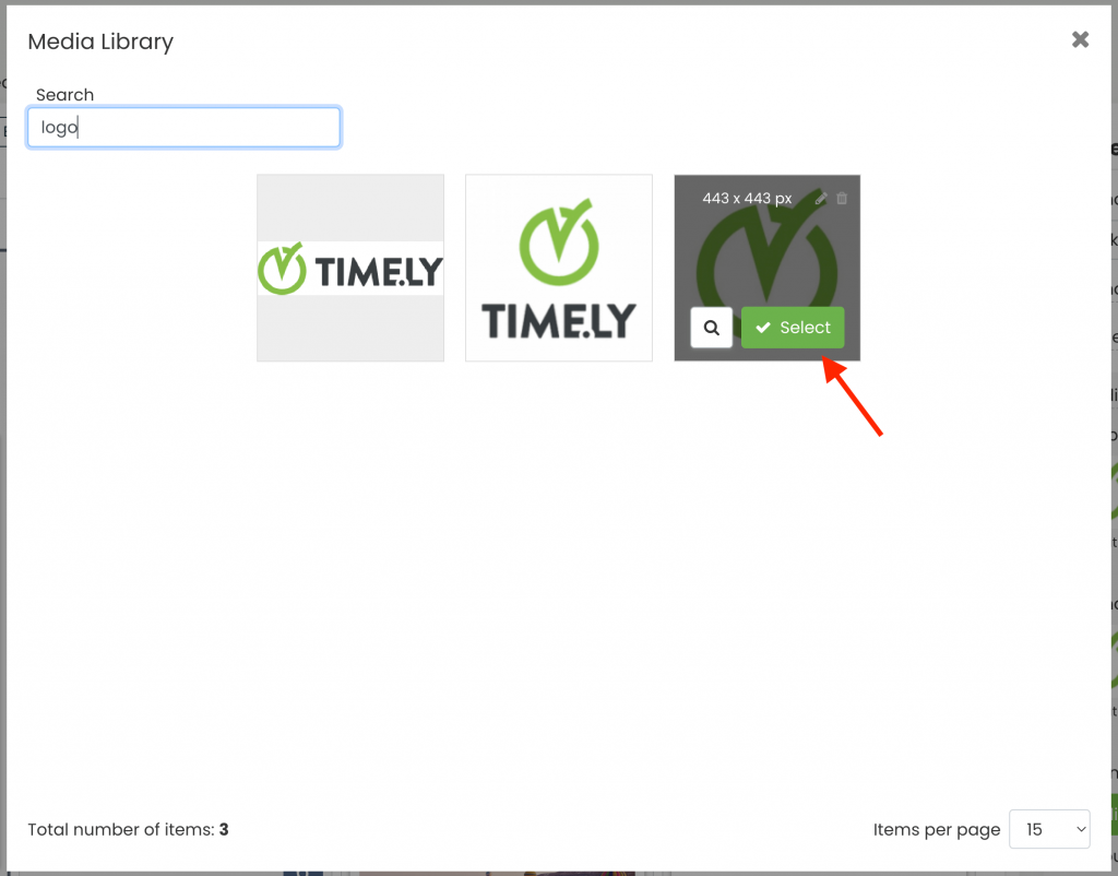 print screen of Timely media library image search function 